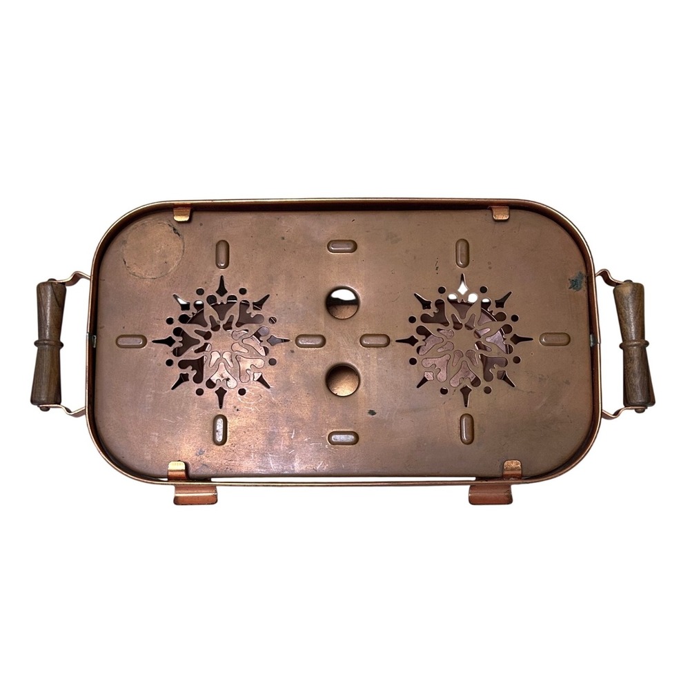 Vintage SIGG Switzerland Copper Food Warmer Rectangular Stand Wood Handle